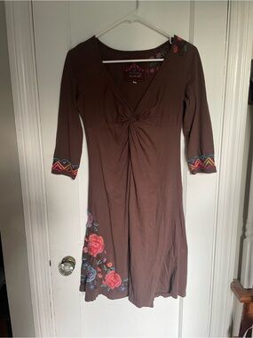 Johnny Was JWLA Embroidered Twist-Front Brown Midi Dress Size XS Floral Cotton